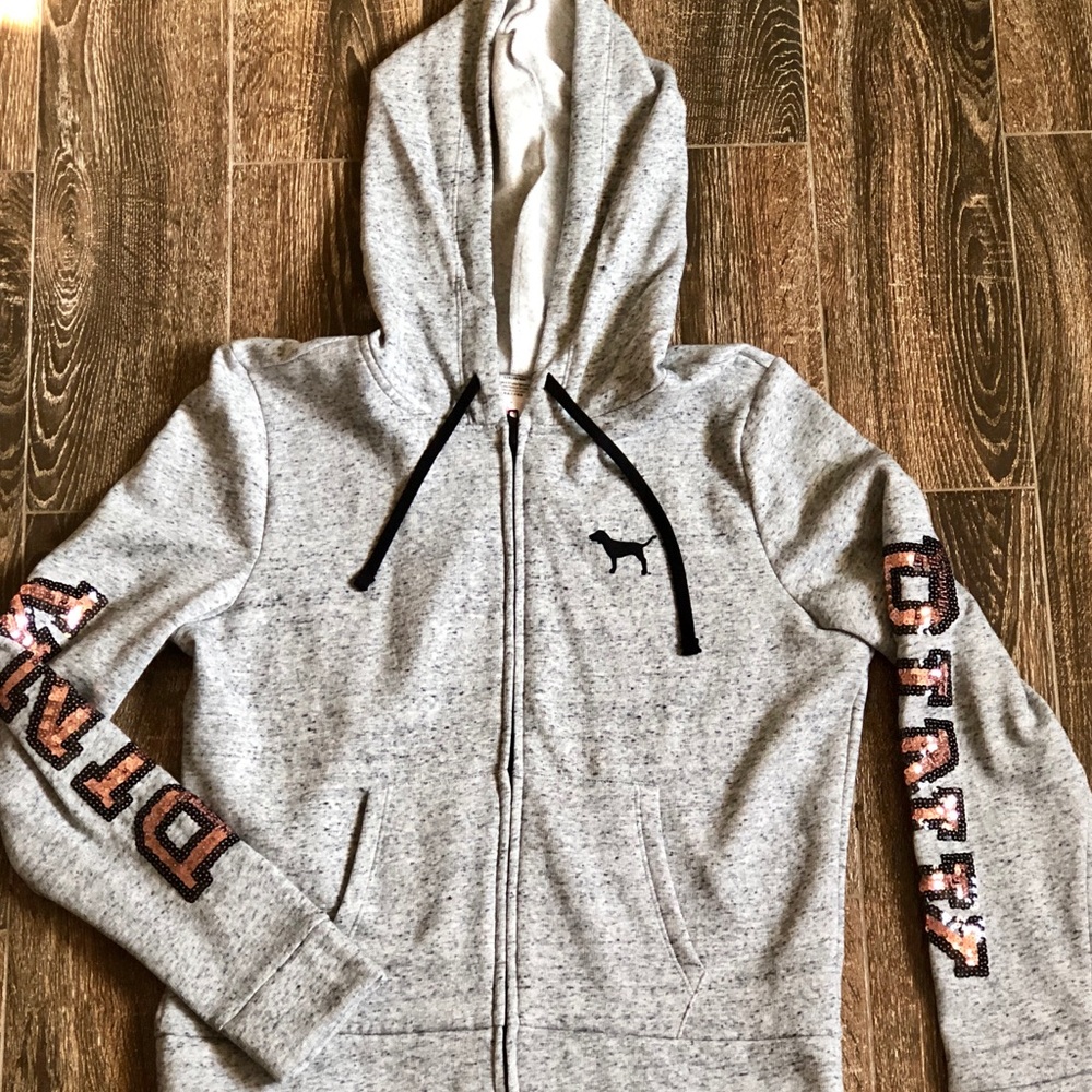 Love Pink Gray Hoodie with Rose Gold Sequin NWT